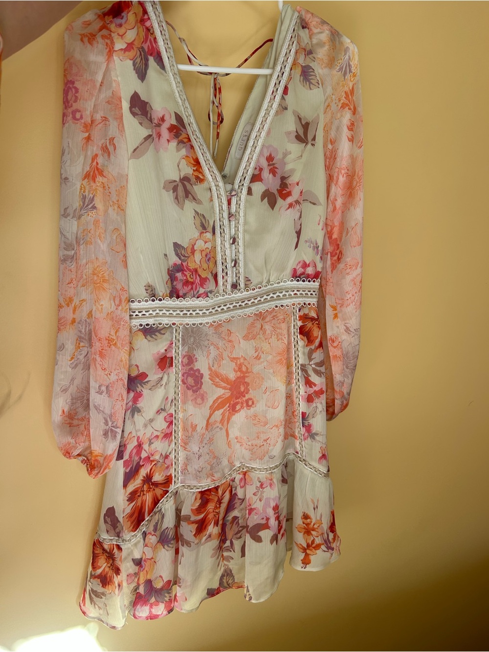 G by Guess Floral V-Neck Long Sleeve Mini Dress in Cream and Coral